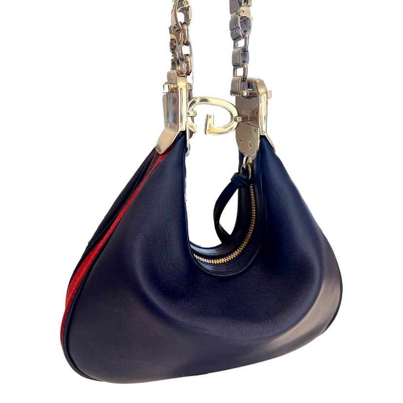 Gucci Gucci Attaché Small Navy Leather Shoulder Crossbody Bag G Clasp Web Stripe