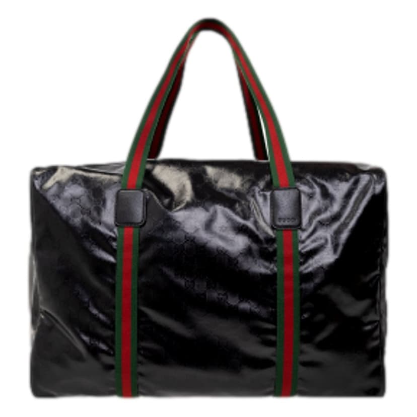 Gucci Gucci Duffle Maxi GG Black Glossy Fabric Duffel Bag Leather Trim