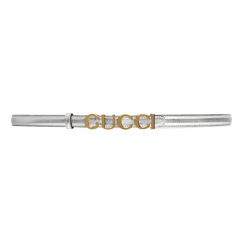 Gucci Gucci Silver Leather Belt with Metal Gold Logo Lettering Size 75