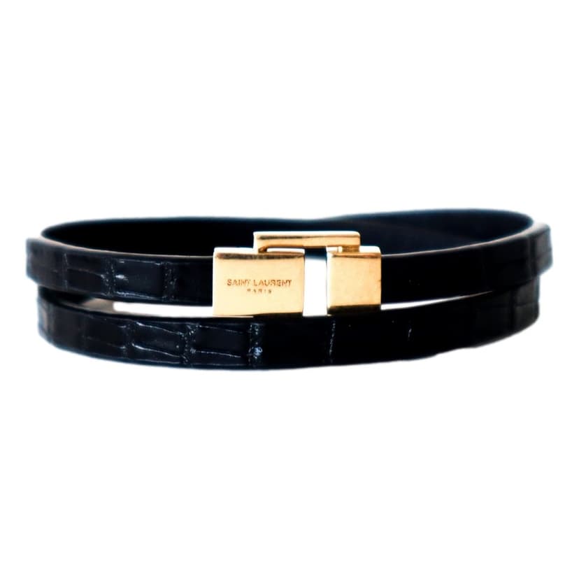 Saint Laurent Saint Laurent Black Smooth Leather Double Wrap Bracelet with Gold-Tone Engraved Clasp