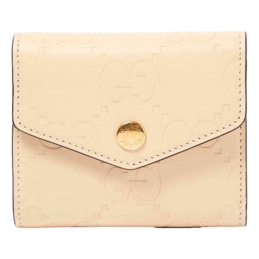 Gucci Gucci Gilbert GG Embossed Calf Leather Beige Trifold Wallet Gold Logo