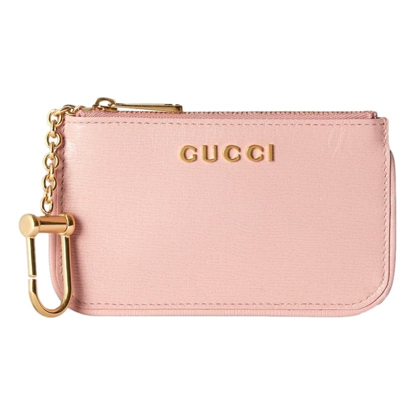 Gucci Gucci Zip Key Case Pink Leather Card Holder Gold Logo Script