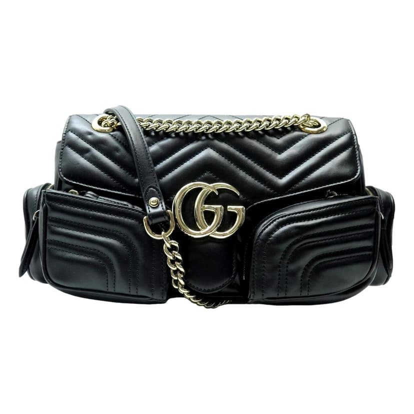 Gucci Gucci GG Marmont Dual Compartment Black Leather Shoulder Bag Gold Logo