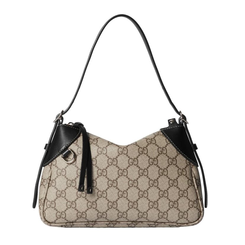 Gucci Gucci GG Emblem Supreme Canvas Leather Shoulder Bag Black Beige