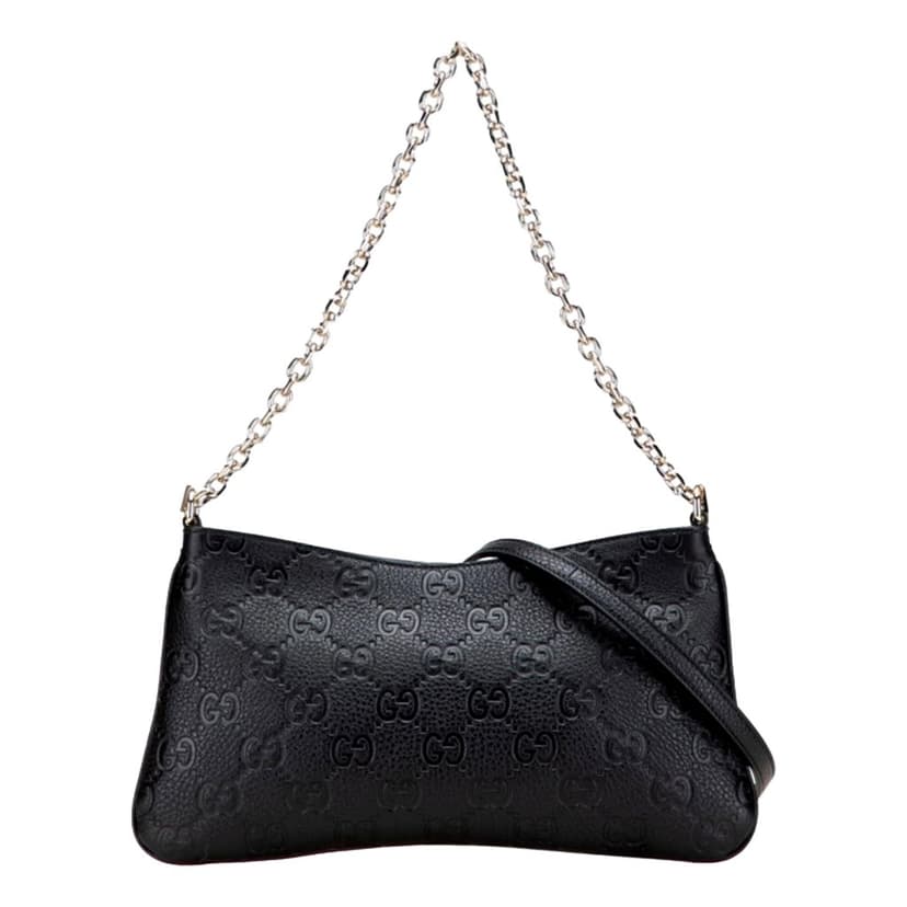 Gucci Gucci GG Emblem Black Leather Shoulder Bag Chain Strap