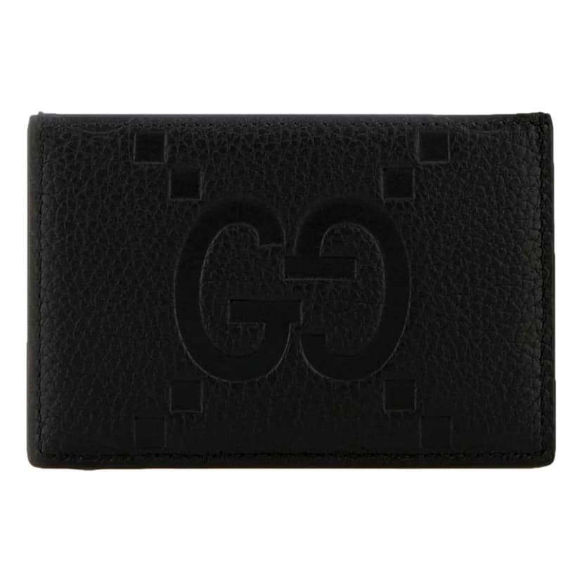 Gucci Gucci Jumbo GG Black Leather Card Holder Wallet Embossed Logo