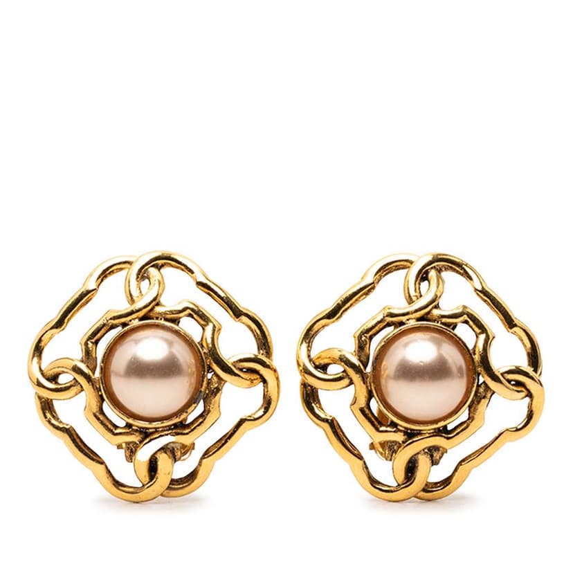 Chanel Gold Plated Faux Pearl Clip On Earrings