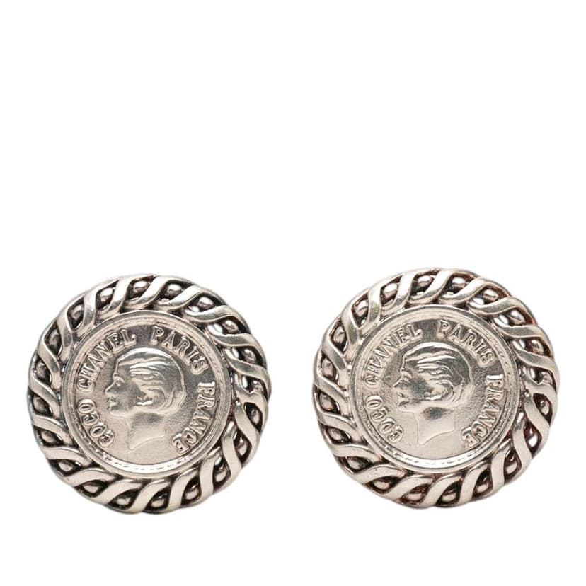 Chanel Silver Plated Medallion Clip On Earrings