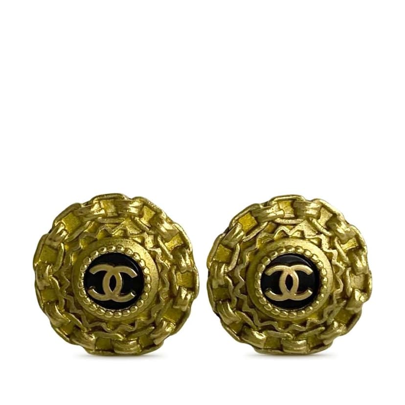 Chanel CC Gold Plated Enamel Round Clip On Earrings
