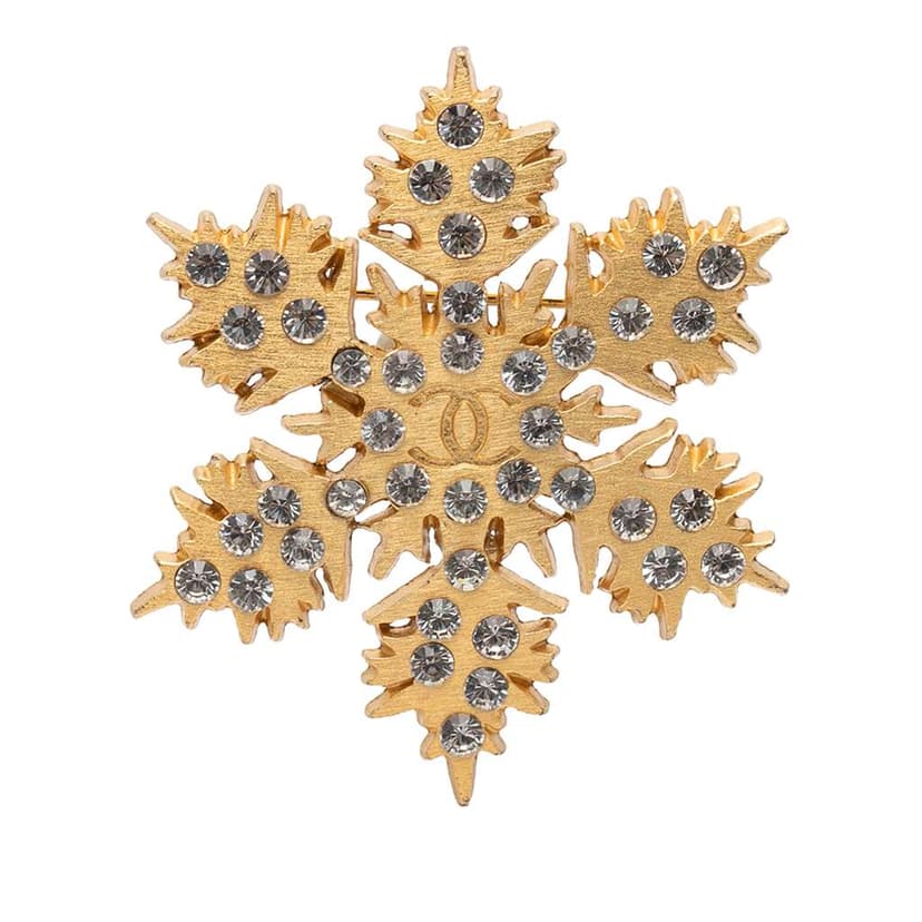Chanel CC Gold Plated Crystal Snowflake Pin Brooch