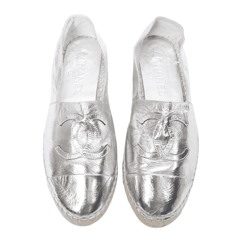 Chanel Woven Leather Flats Silver Leather Good condition - Front View