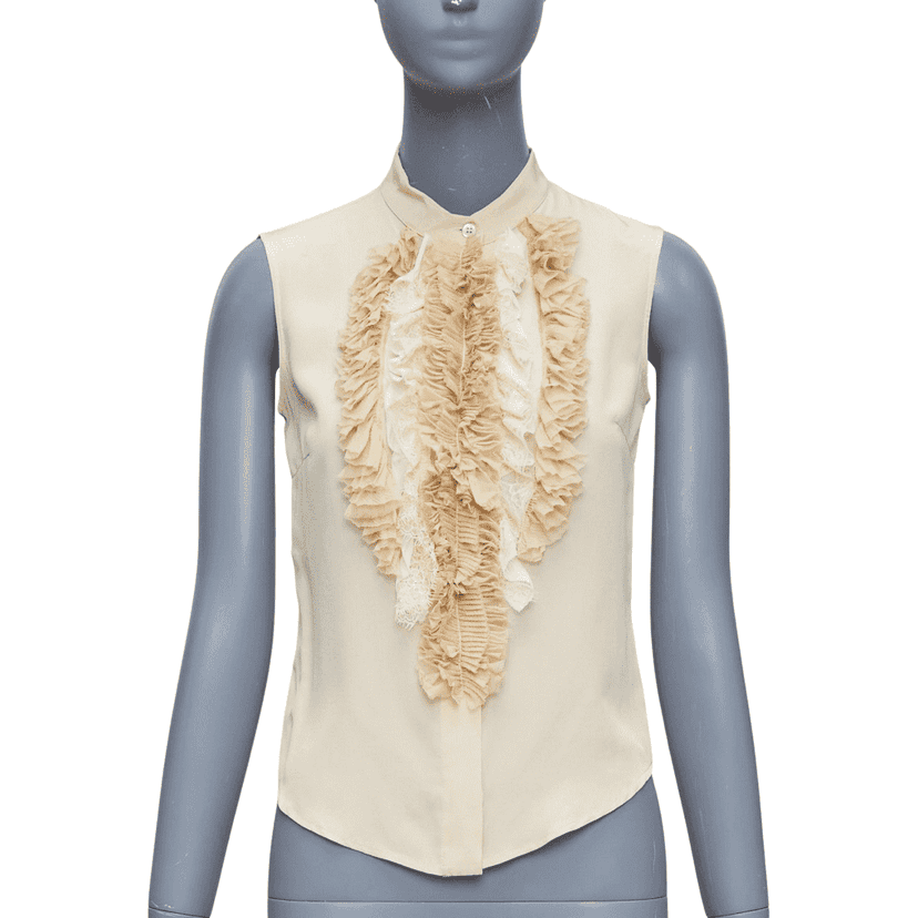 Prada Ruffle Sleeveless Shirt Beige Silk Never worn - Front View