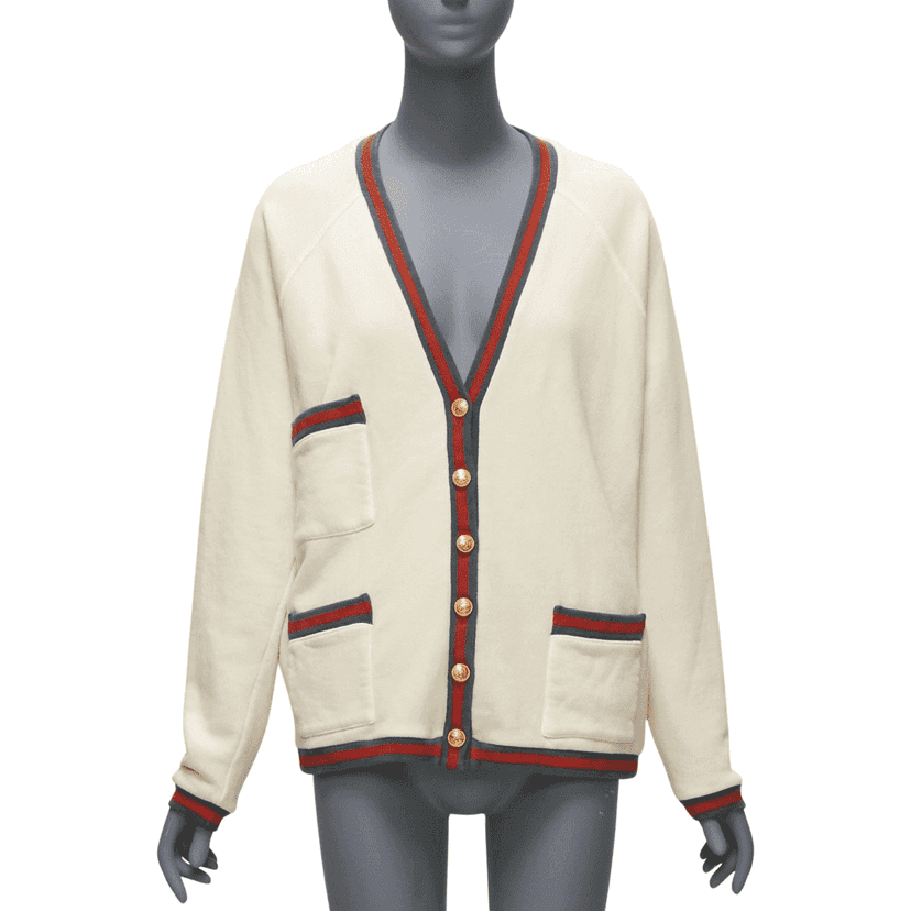 Gucci Green GG Cardigan Ecru Cotton Never worn - Front View