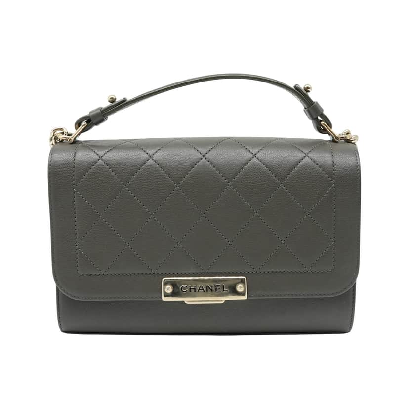 Chanel Grained Calfskin Quilted Medium Label Click Flap Bag Khaki Khaki Good condition - Front View