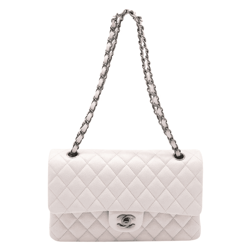 Chanel Classic Medium Flap Nude Caviar Leather Bag with Ruthenium Hardware Size 25 Beige Leather Good condition - Front View