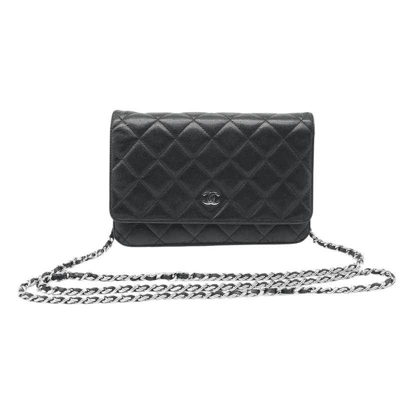 Chanel Wallet On Chain Black Lambaskin Sliver Tone Hard ware Black Good condition - Front View