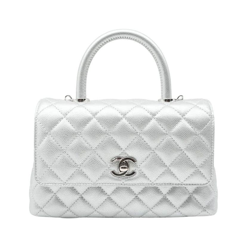 Chanel Coco Handle Flap Mini Metallic Caviar Quilted Silver Silver Leather Good condition - Front View