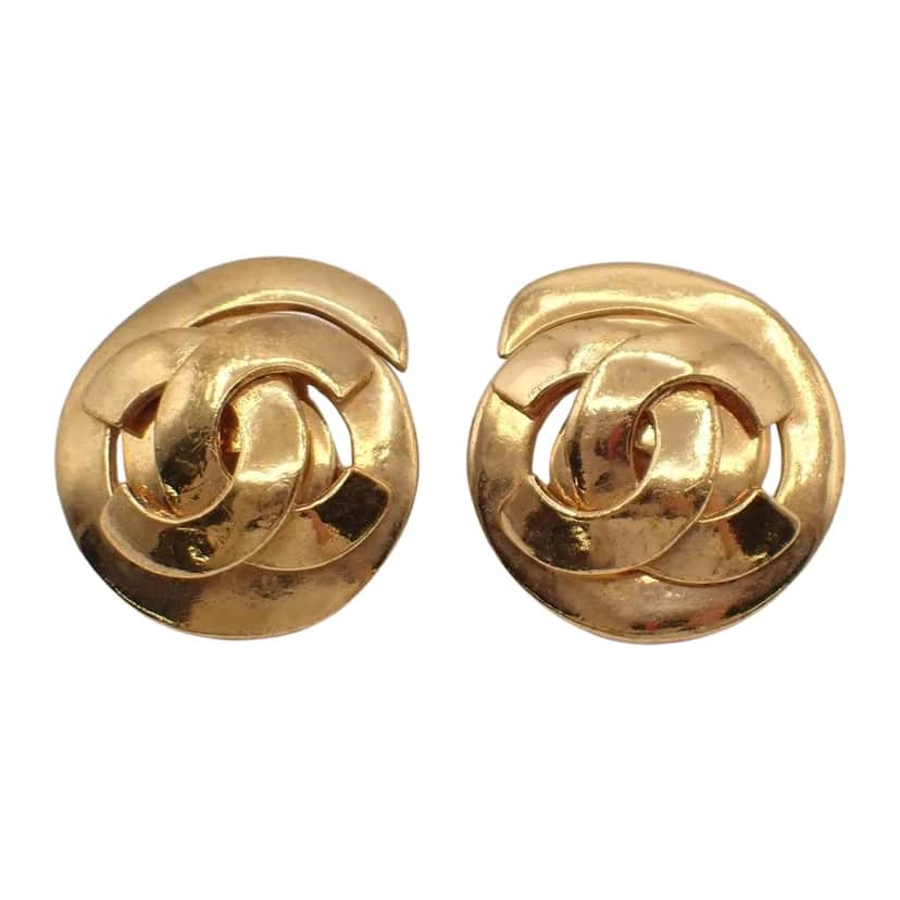 Chanel Vintage CC Round Button Clip-On Earrings Gold Good condition - Front View