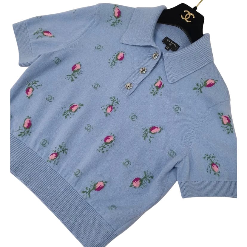 Chanel Light Floral Knit Polo Top