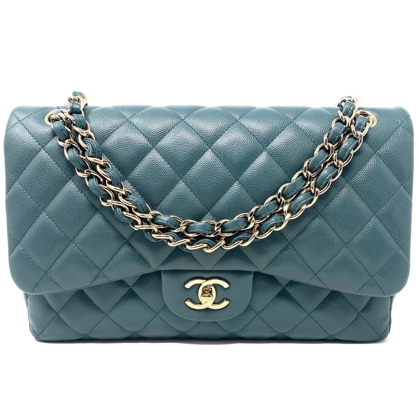Chanel Double Flap Bag Green Leather Good condition - Front View