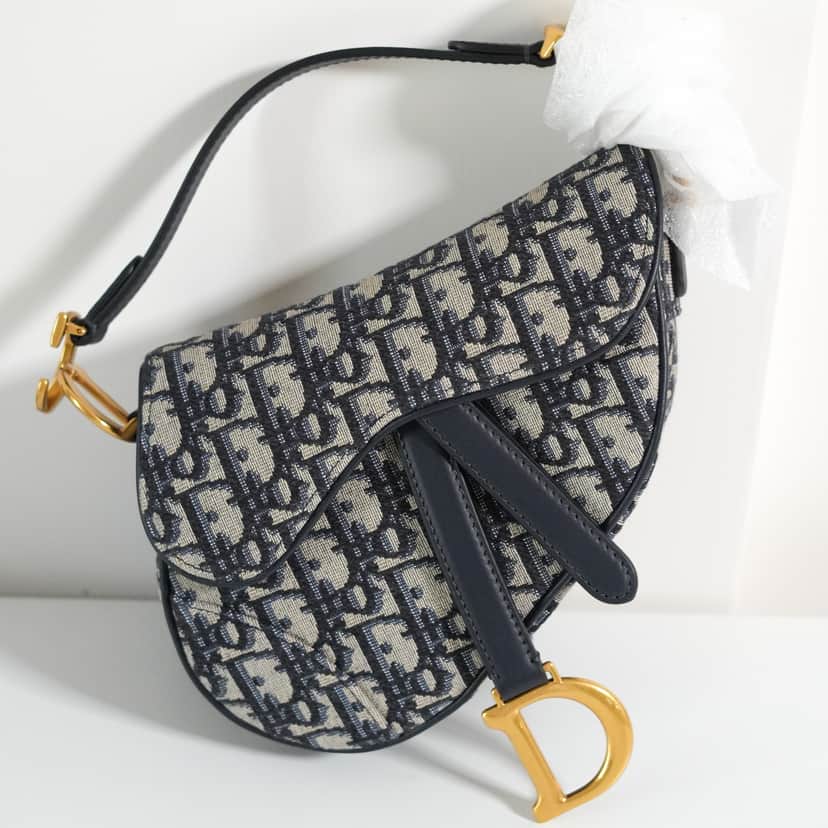 Dior Mini Saddle with Strap Navy Jacquard Never worn, with tag - Front View