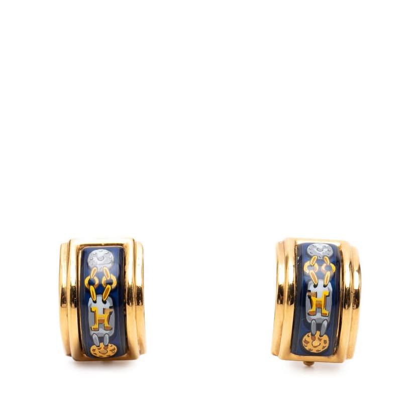 Hermès Gold Plated Enamel Cloisonne Clip On Earrings Blue Very good condition - Front View