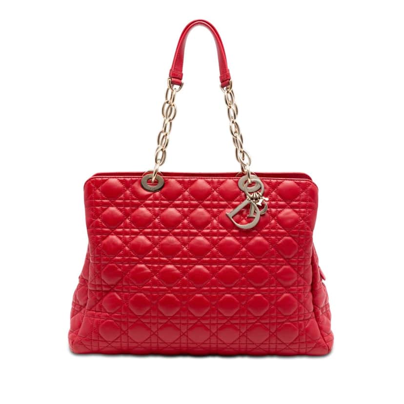 Dior Large Lambskin Cannage Soft Zipped Lady Dior Shopping Tote Red Leather Very good condition - Front View