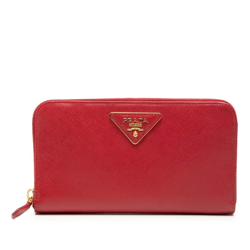 Prada Saffiano Zip Around Long Wallet Red Leather Very good condition - Front View