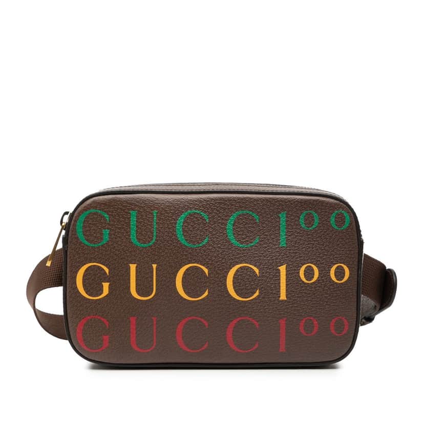 Gucci 100th Anniversary Textured Dollar Calfskin Logo Belt Bag Brown Leather Very good condition - Front View