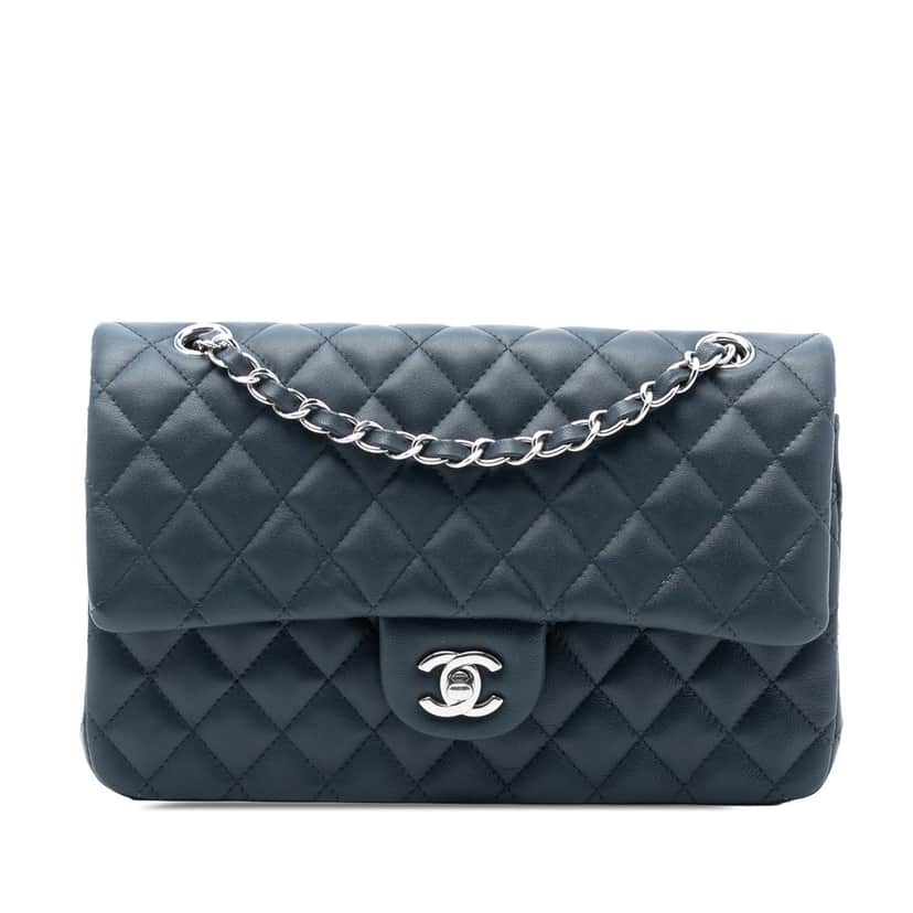 Chanel Medium Classic Lambskin Double Flap Blue Leather Very good condition - Front View