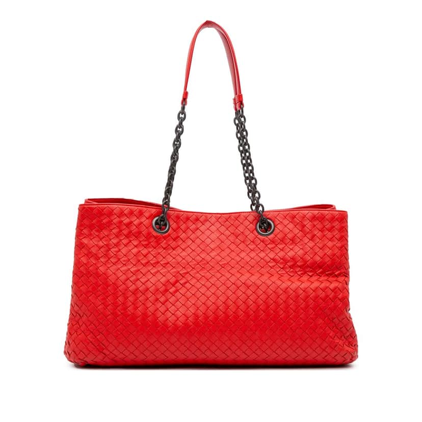 Bottega Veneta Medium Nappa Intrecciato Double Chain Tote Red Leather Very good condition - Front View