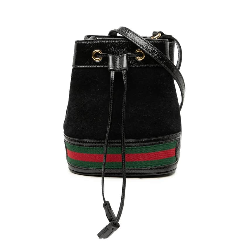 Gucci Mini Suede and Patent Web Ophidia Bucket Bag Black Leather Very good condition - Front View