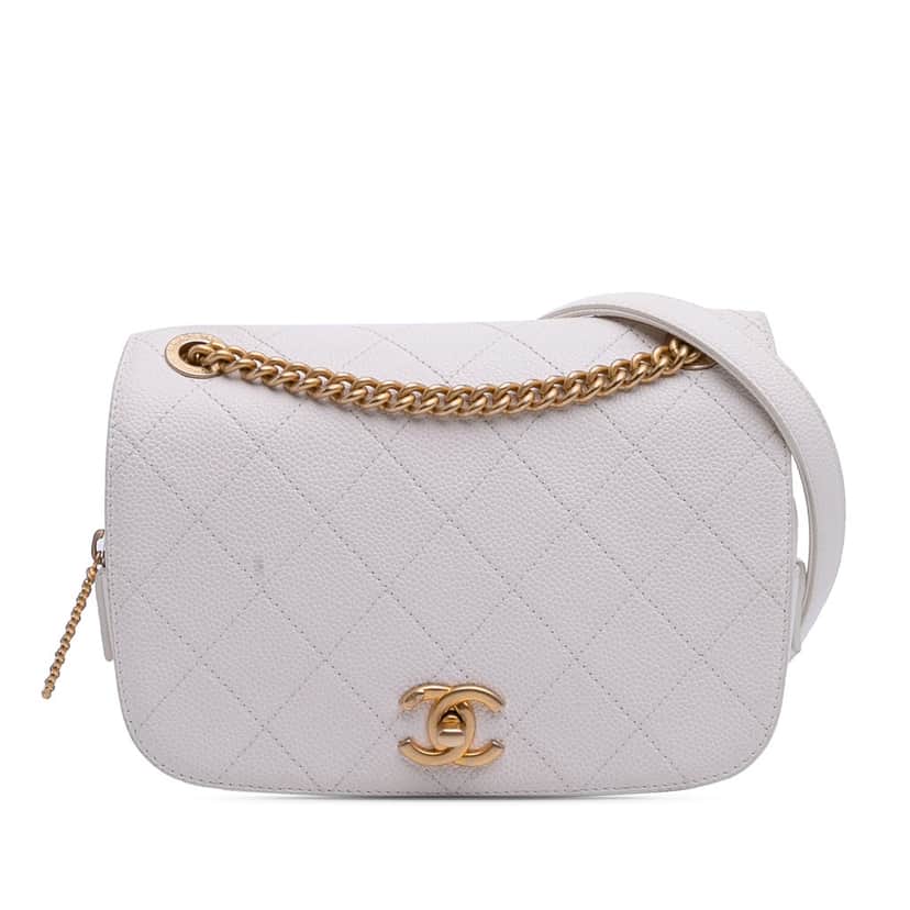 Chanel CC Quilted Caviar Turnlock Full Flap White Leather Very good condition - Front View