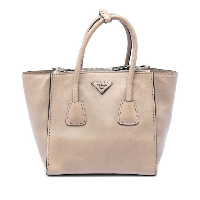 Prada Small Glace Calf Twin Pocket Satchel Beige Leather Very good condition - Front View