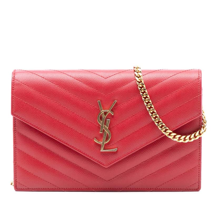 Saint Laurent Grain De Poudre Cassandre Envelope Chain Wallet Red Leather Very good condition - Front View