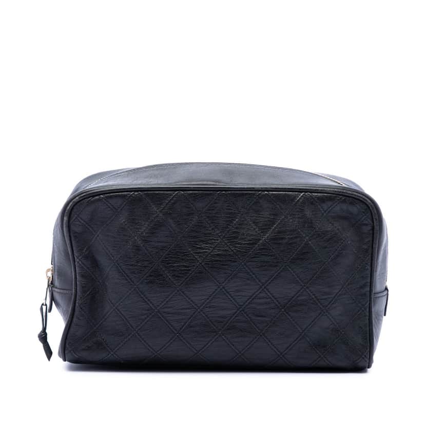 Chanel Quilted Lambskin Cosmetic Pouch Black Leather Very good condition - Front View