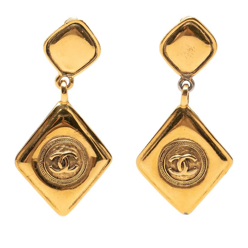 Chanel CC Gold Plated Diamond Drop Clip On Earrings Gold Metal Very good condition - Front View