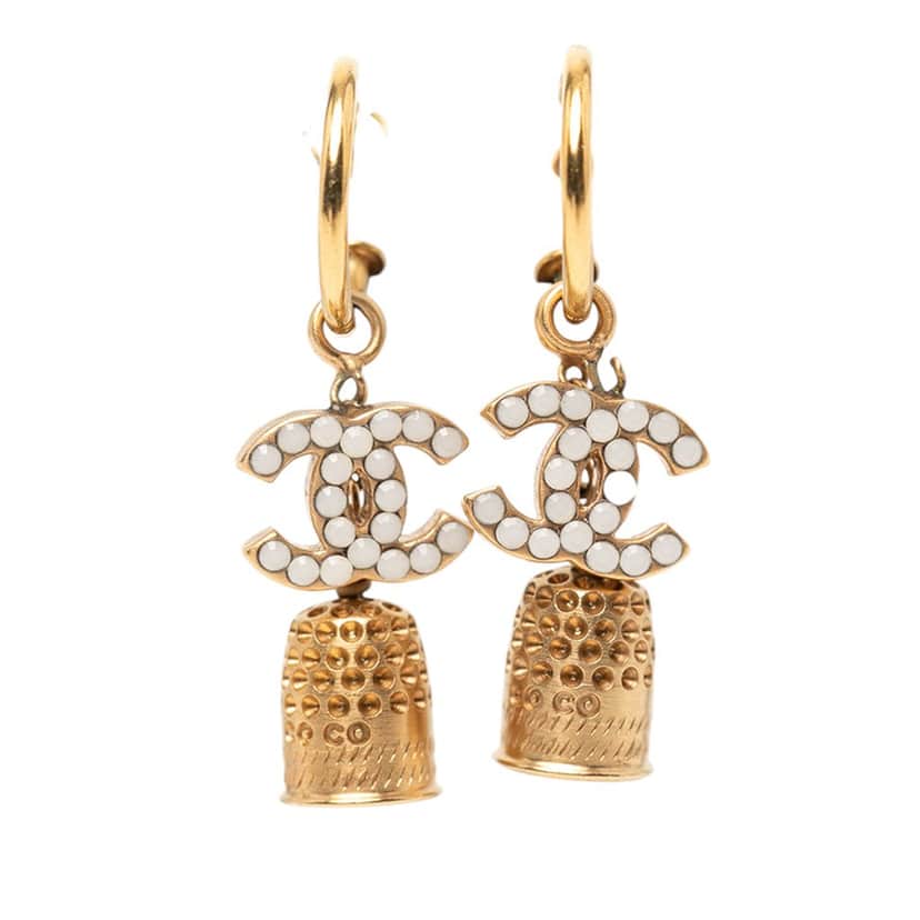 Chanel Gold Plated Enamel CC Bell Drop Push Back Earrings Gold Metal Very good condition - Front View
