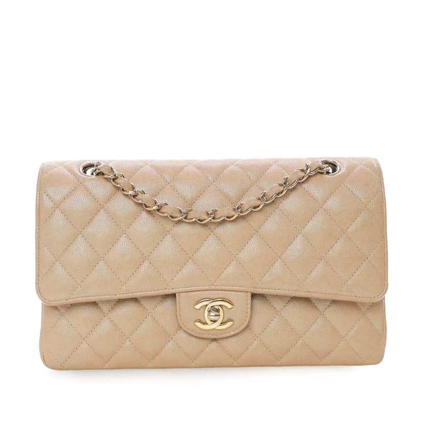 Chanel Medium Classic Iridescent Caviar Double Flap Beige Leather Very good condition - Front View