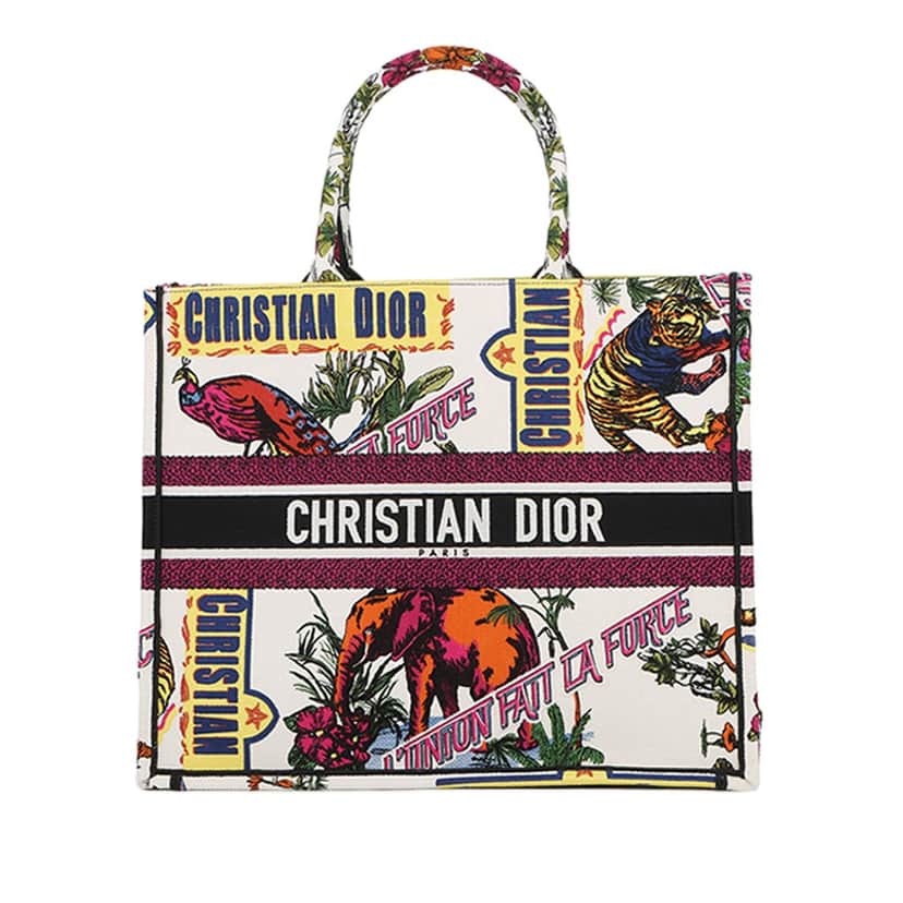 Dior Large Embroidered Canvas Indian Animals Book Tote White Very good condition - Front View