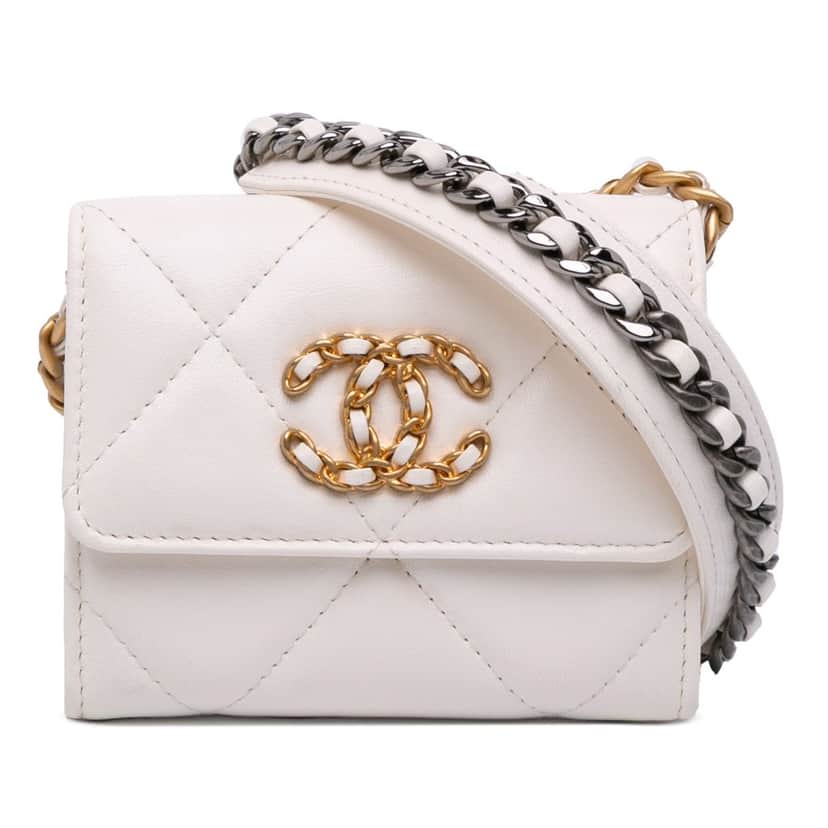 Chanel Quilted Lambskin Chanel 19 Card Holder On Chain White Leather Very good condition - Front View