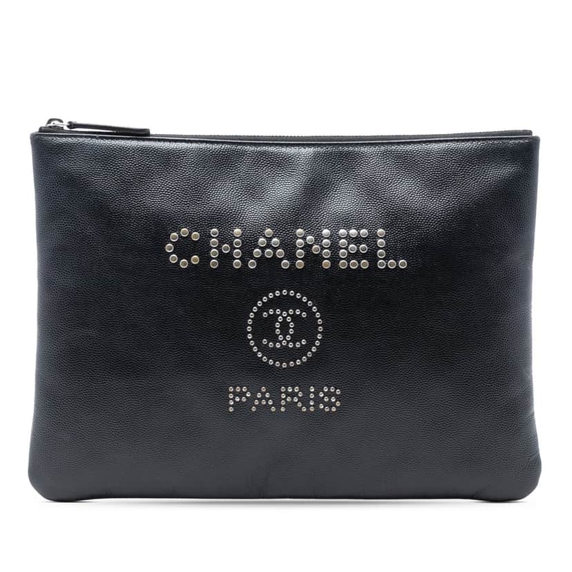 Chanel Medium Caviar Deauville Studded O Case Clutch Black Leather Very good condition - Front View