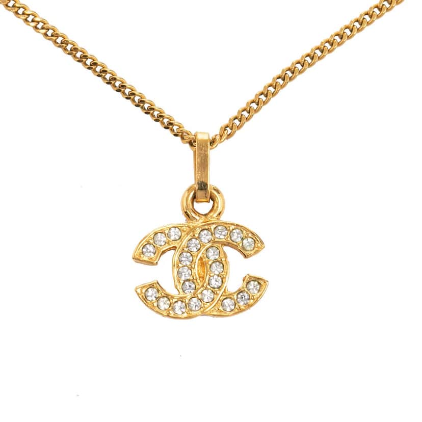 Chanel CC Gold Plated Rhinestones Pendant Necklace Gold Metal Very good condition - Front View