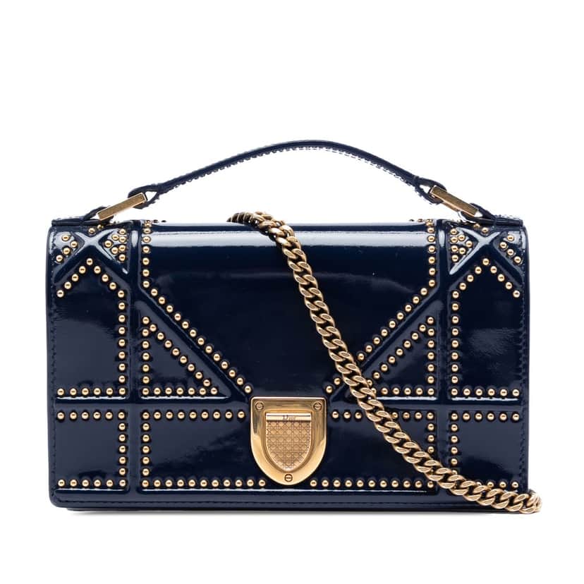 Dior Patent Studded Diorama Top Handle Wallet on Chain Blue Leather Very good condition - Front View