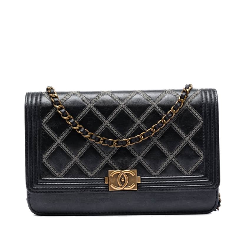 Chanel Quilted Lambskin Double Stitch Boy Wallet On Chain Black Leather Very good condition - Front View