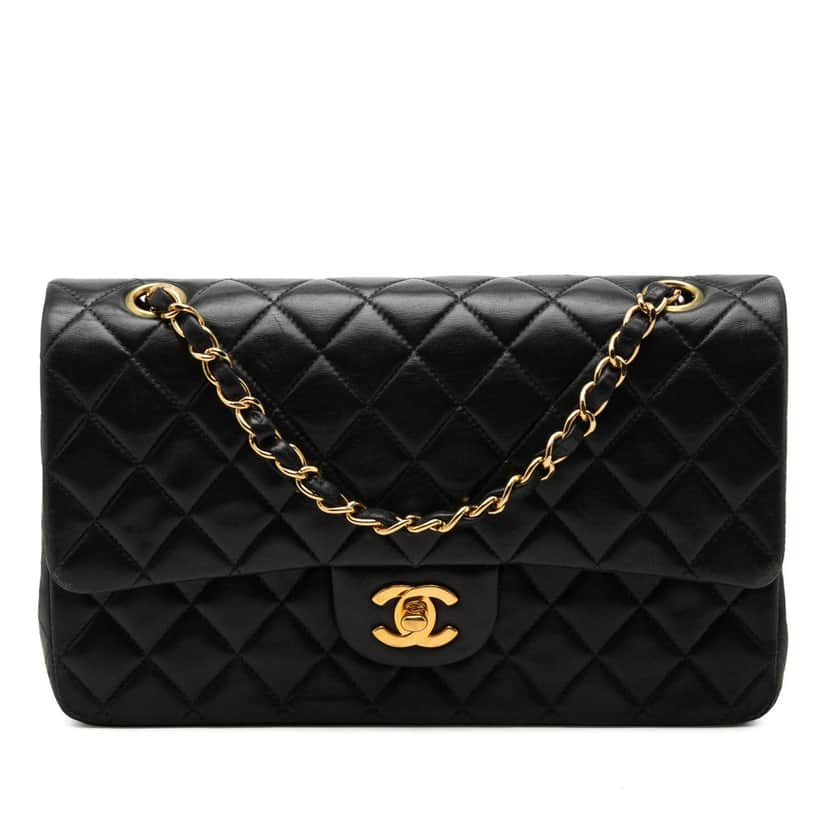 Chanel Medium Classic Lambskin Double Flap Black Leather Very good condition - Front View