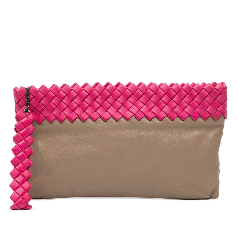 Bottega Veneta Intrecciato Trimmed Bicolor Nappa Clutch Beige Leather Very good condition - Front View