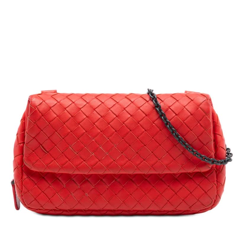 Bottega Veneta Mini Nappa Intrecciato Expandable Chain Flap Crossbody Red Leather Very good condition - Front View