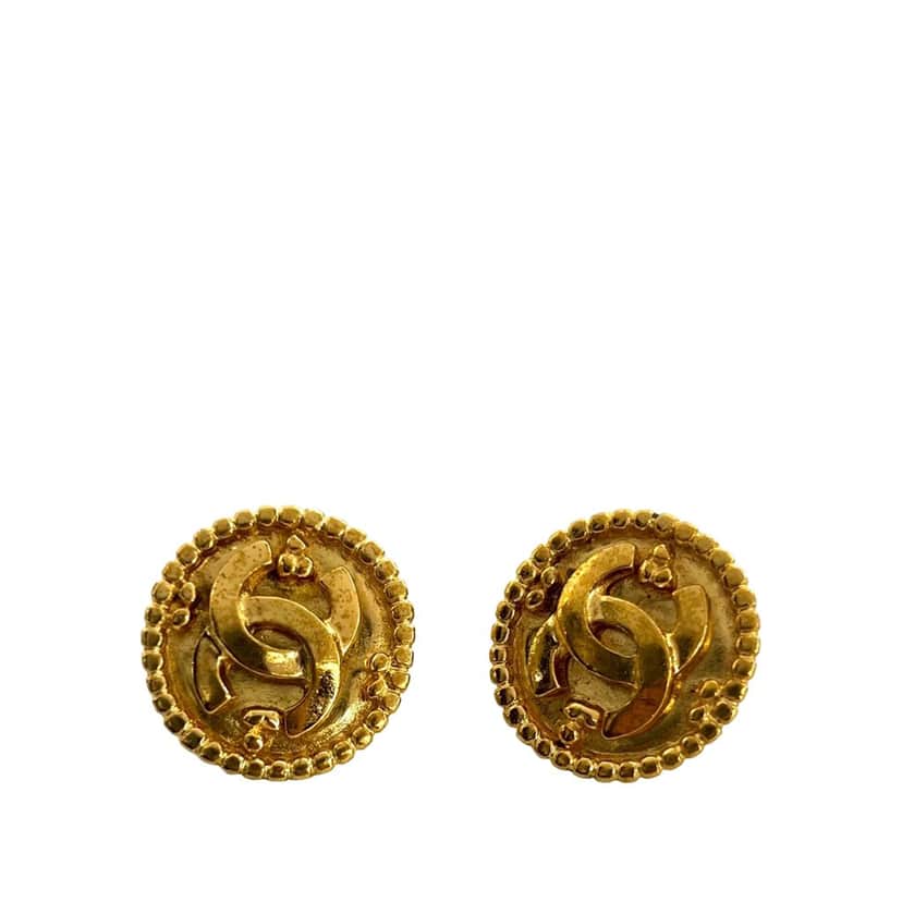Chanel CC Gold Plated Button Clip On Earrings Gold Metal Very good condition - Front View