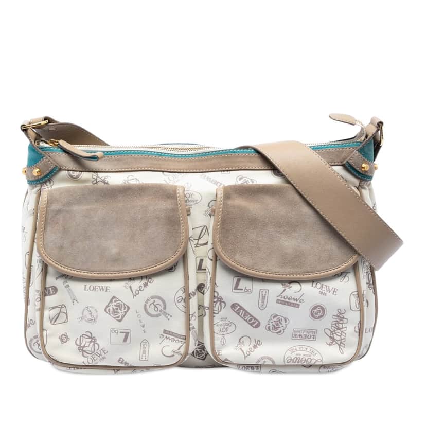 Loewe 160th Anniversary Suede Trimmed Canvas Crossbody Beige Very good condition - Front View